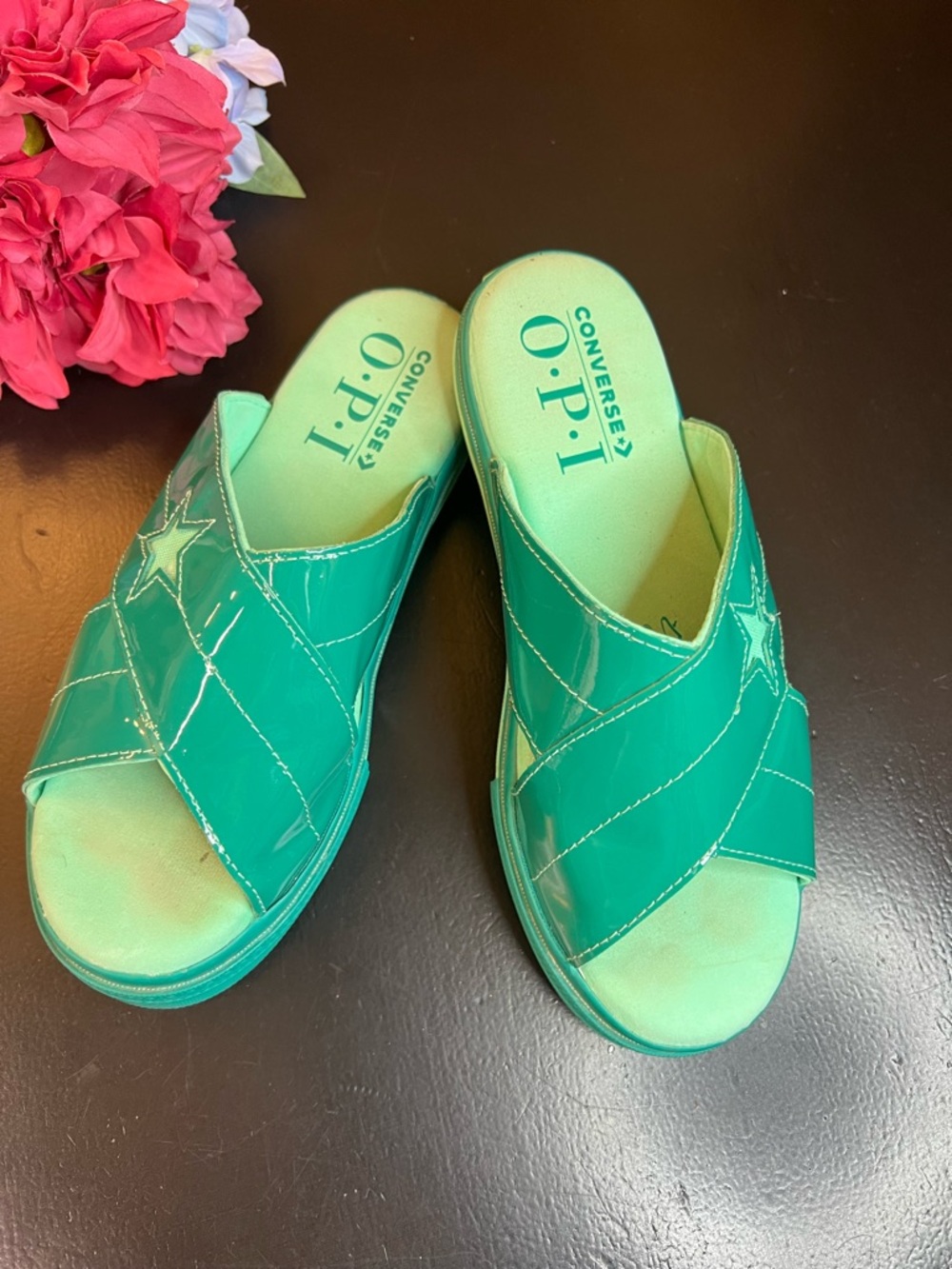 Converse x OPI One Star Patent Leather Slip On Sandal Dance Party Teal Dawn 6.5